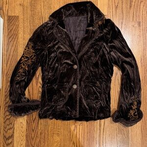 Surrealist | Crushed Velvet Blazer | Brown Gold Embroidered Sleeve | Size 1 Smal